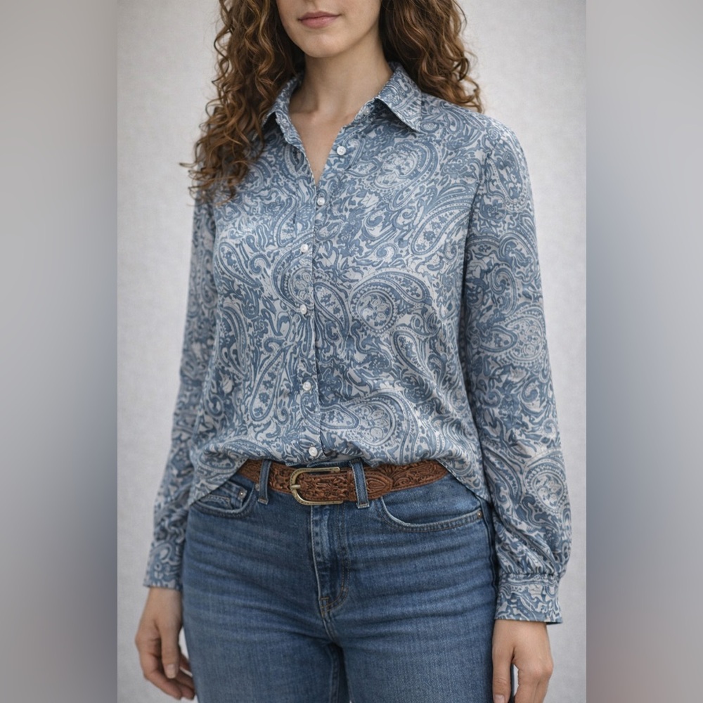 Vintage Starington 100% Silk Paisley Button-Up Blouse Blue Gray size 8